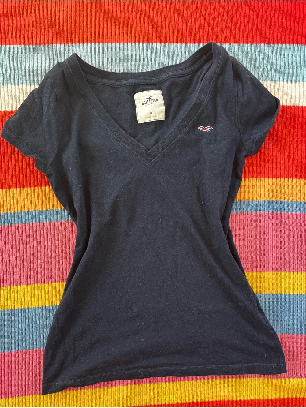 VINTAGE Hollister Women's Dark Navy V-Neck Logo Tee